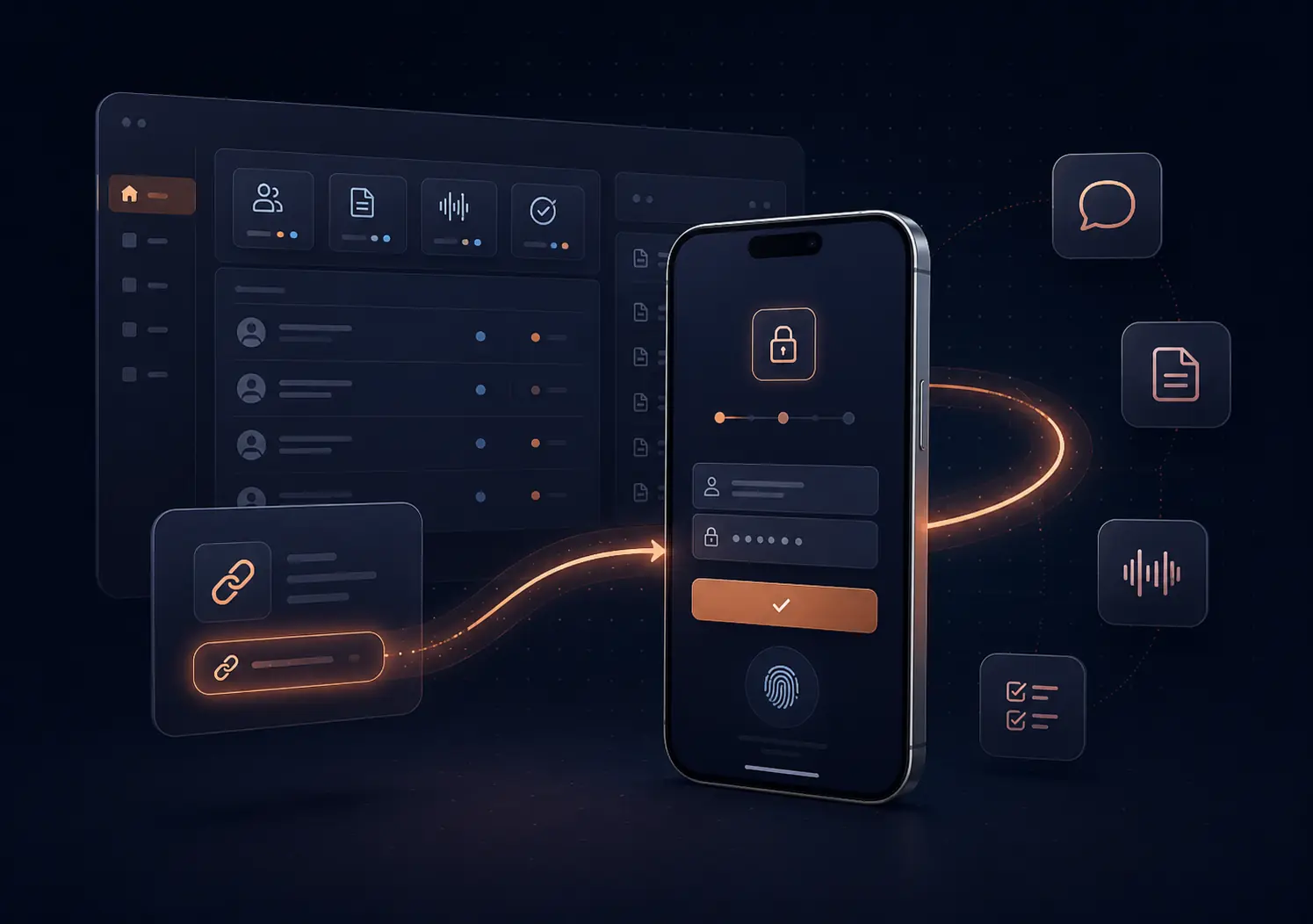 Link exclusivo chegando ao celular do cliente e organizando conversas, documentos, áudios e tarefas no Portal AdvSmart